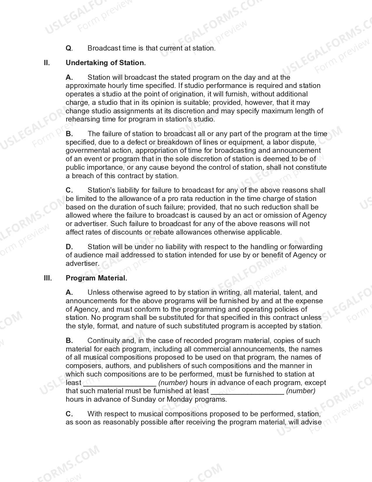 Preview Agreement between Advertising Agency and Radio Station with regard to Broadcasts from Local Station Affiliated with Network