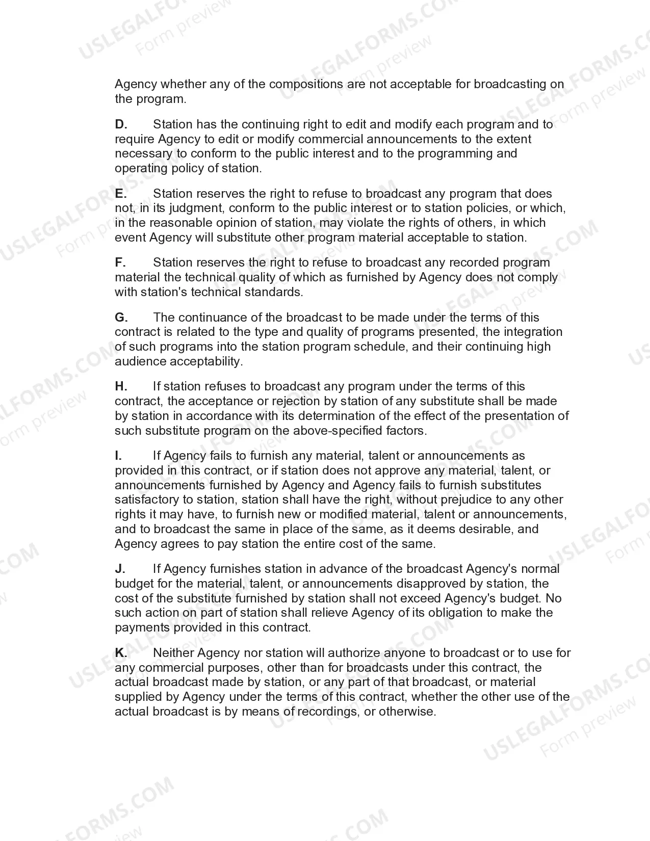 Preview Agreement between Advertising Agency and Radio Station with regard to Broadcasts from Local Station Affiliated with Network