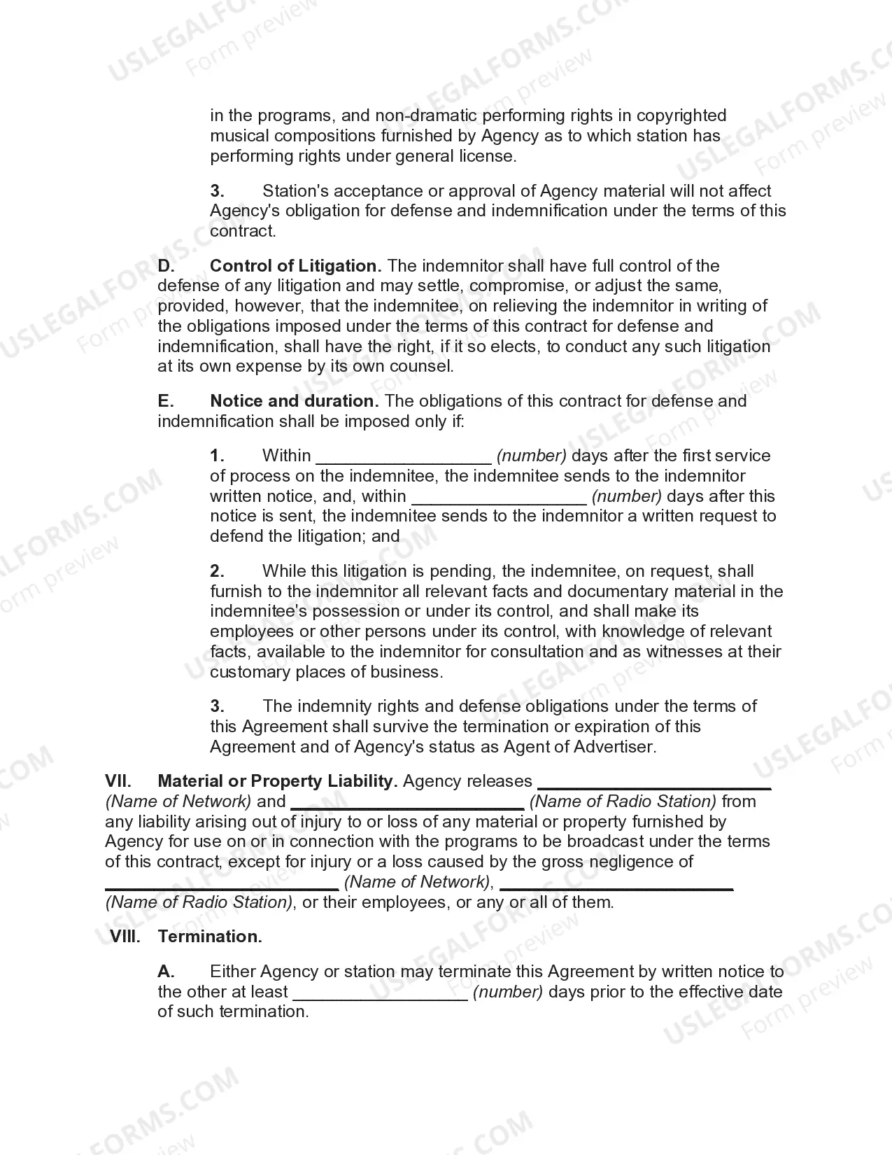 Preview Agreement between Advertising Agency and Radio Station with regard to Broadcasts from Local Station Affiliated with Network