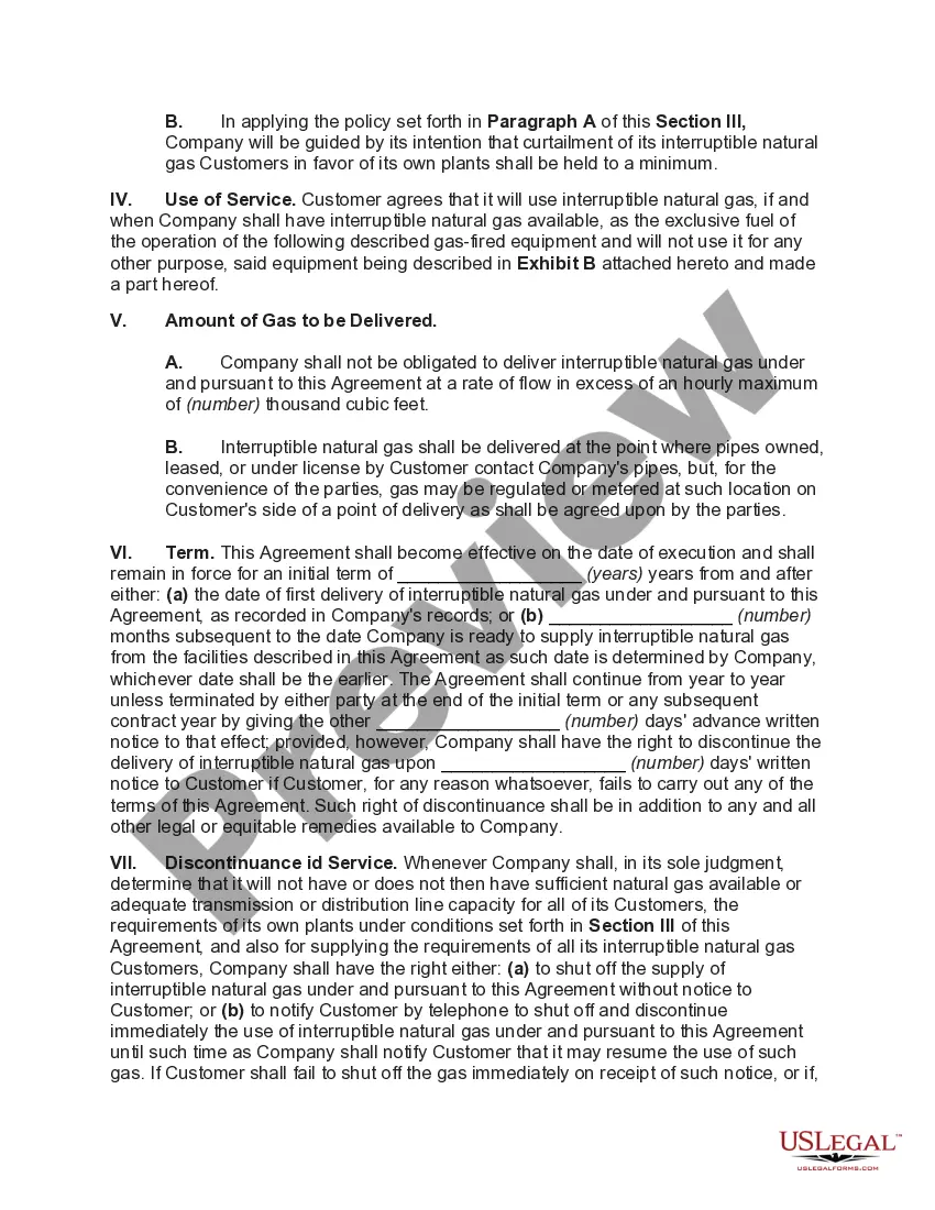 Preview Gas Service Agreement for Interruptible Natural Gas