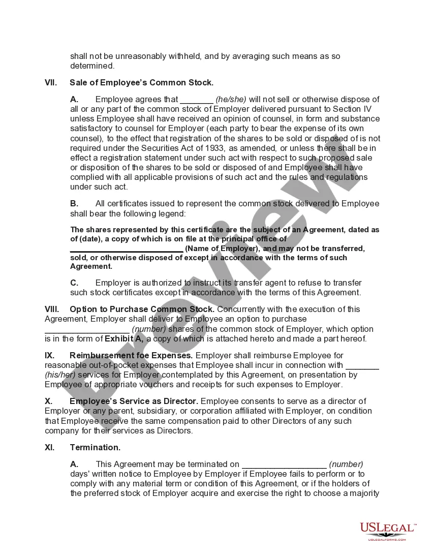 Preview Employment of Executive for Salary plus Common Stock with Option to Purchase Common Stock