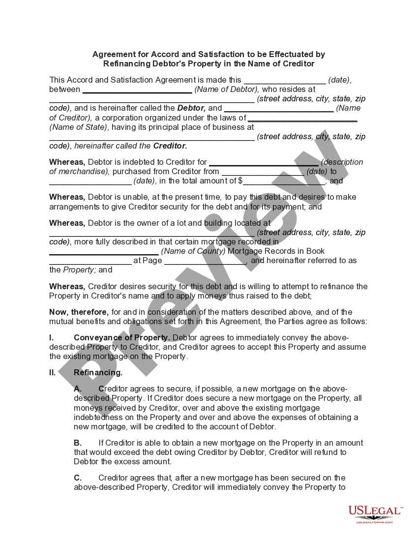 Agreement for Accord and Satisfaction to be Effectuated by Refinancing