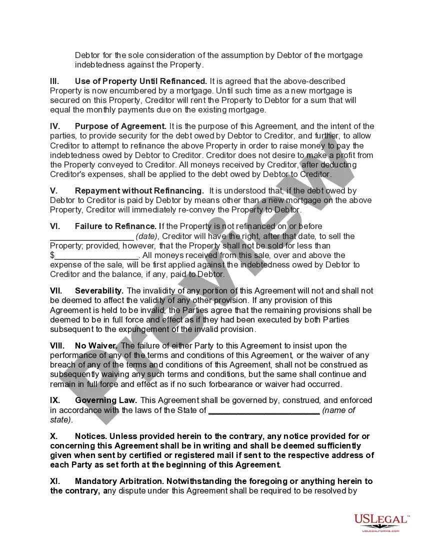 Preview Agreement for Accord and Satisfaction to be Effectuated by Refinancing Debtor's Property in the Name of Creditor