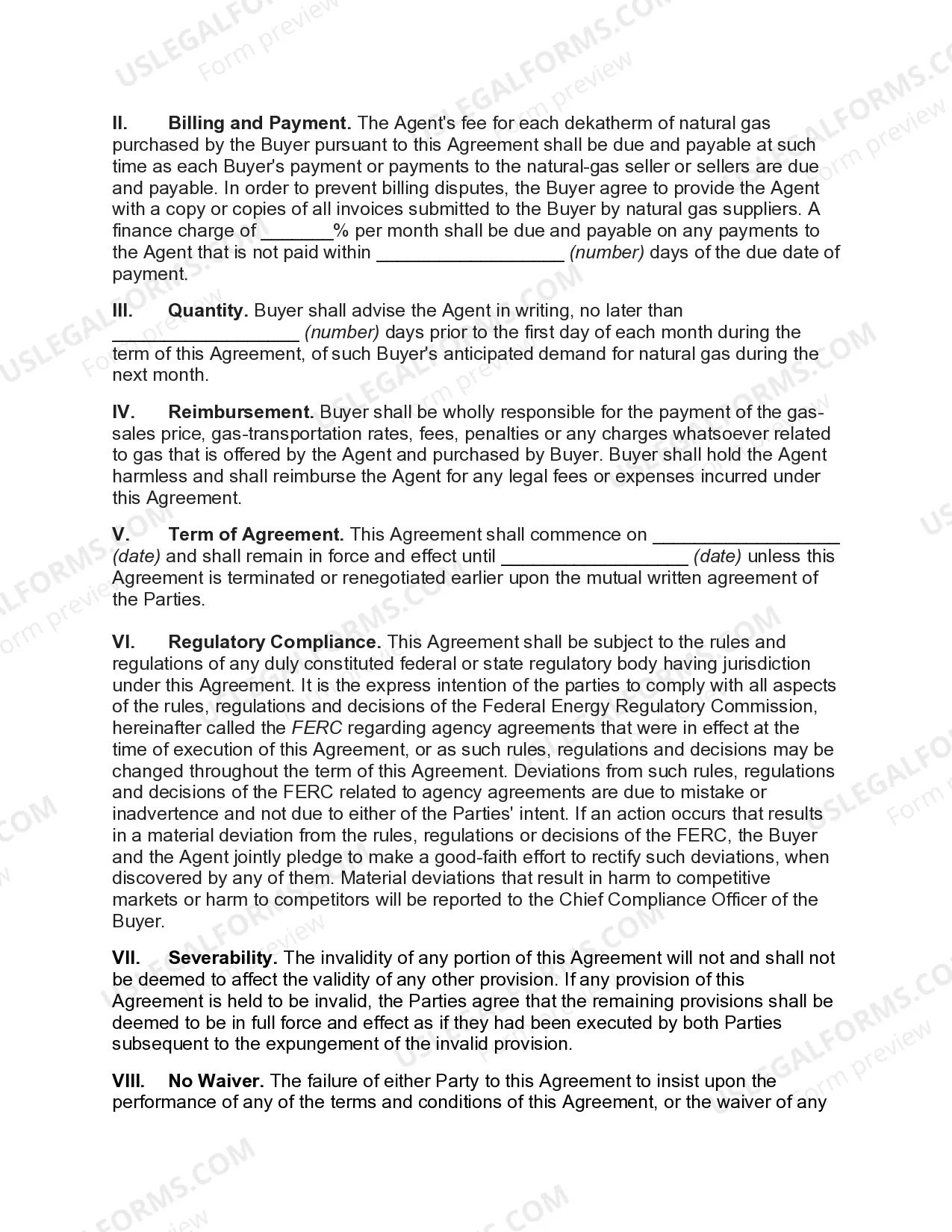 Preview Agency Agreement with Agent for Sale of Buyer of Natural Gas