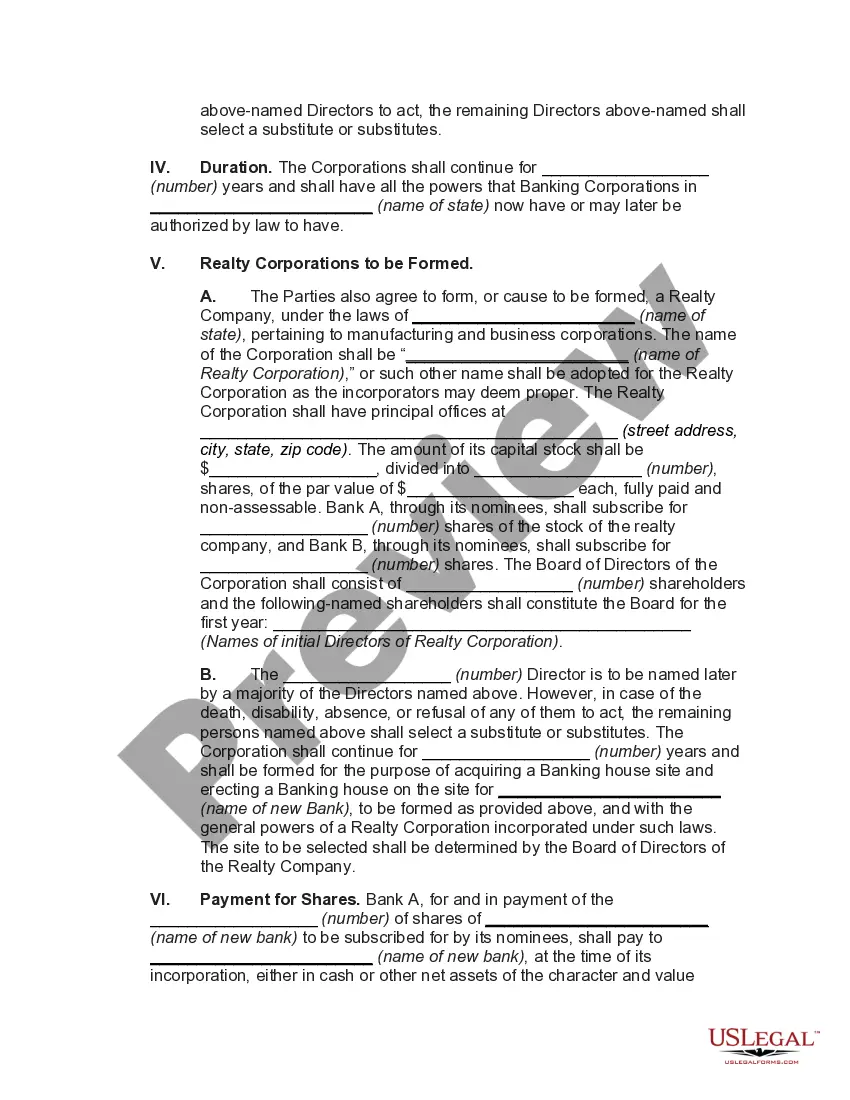 Preview Agreement to Consolidate and Form New Bank