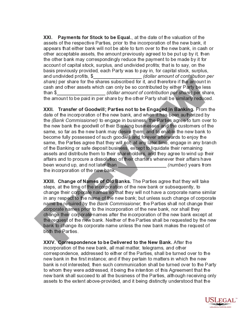 Preview Agreement to Consolidate and Form New Bank
