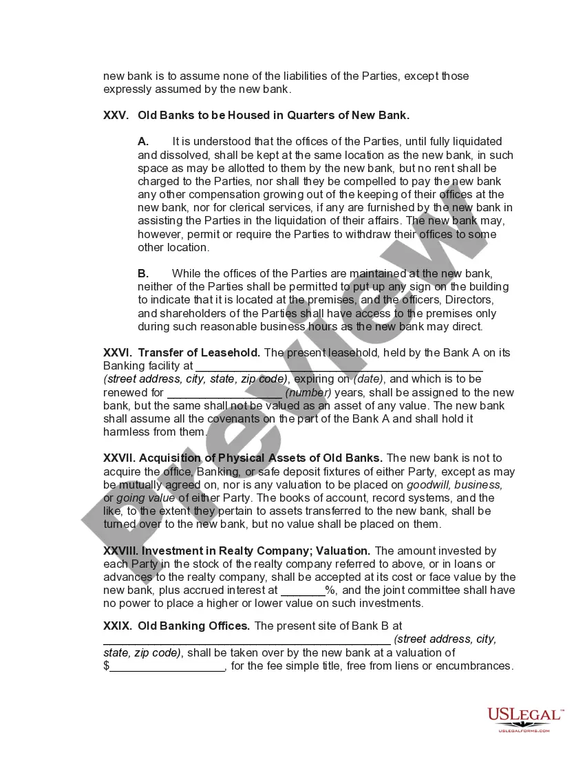 Preview Agreement to Consolidate and Form New Bank
