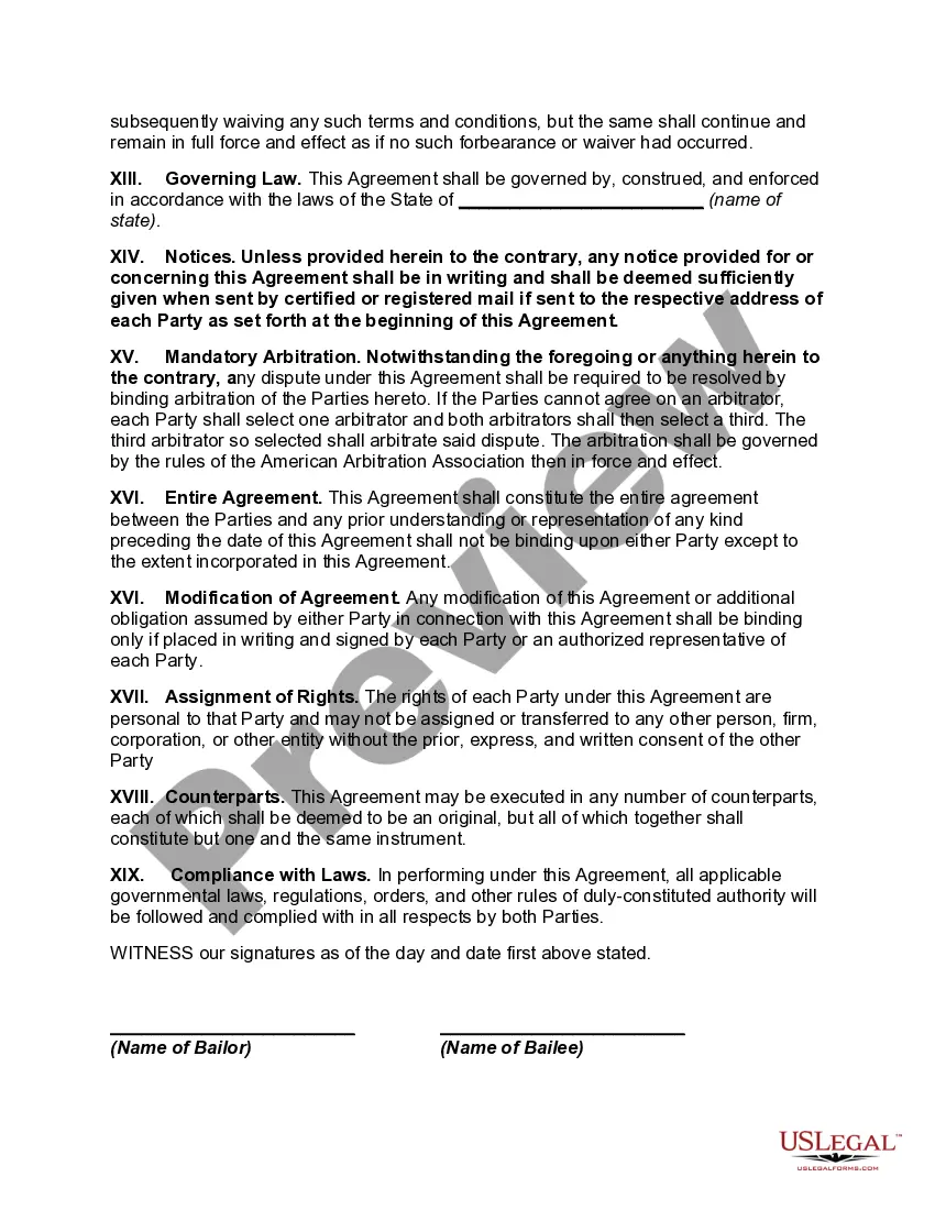 Preview Bailment Agreement with Bailee to Maintain and Care for Property, and Assumption of Liability for Damage or Loss