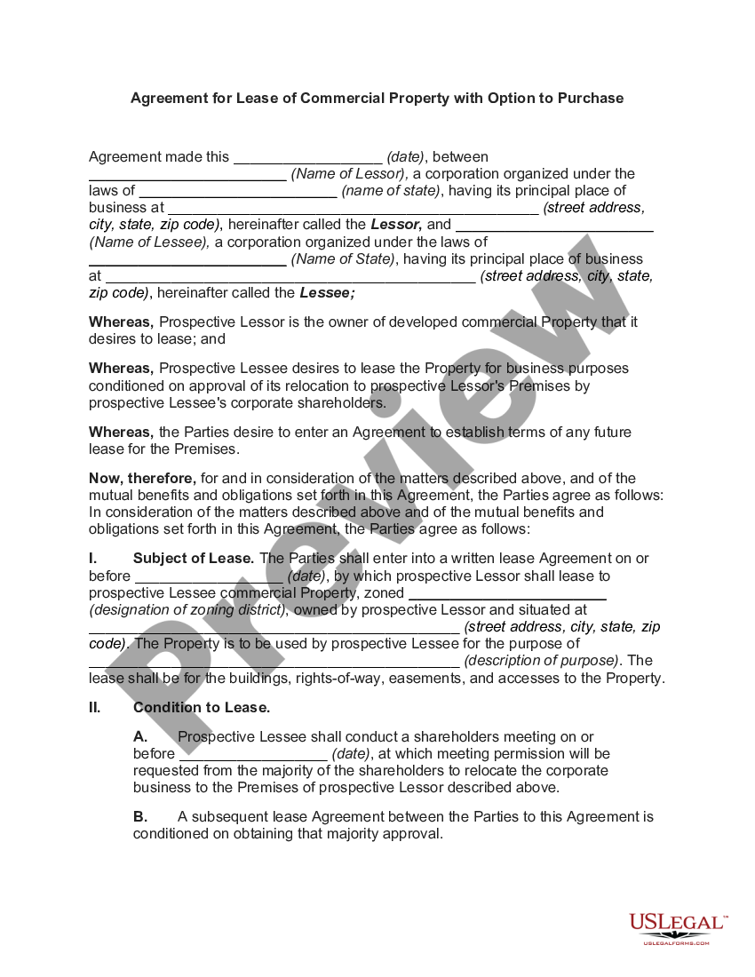 Agreement for Lease of Commercial Property with Option to Purchase | US ...