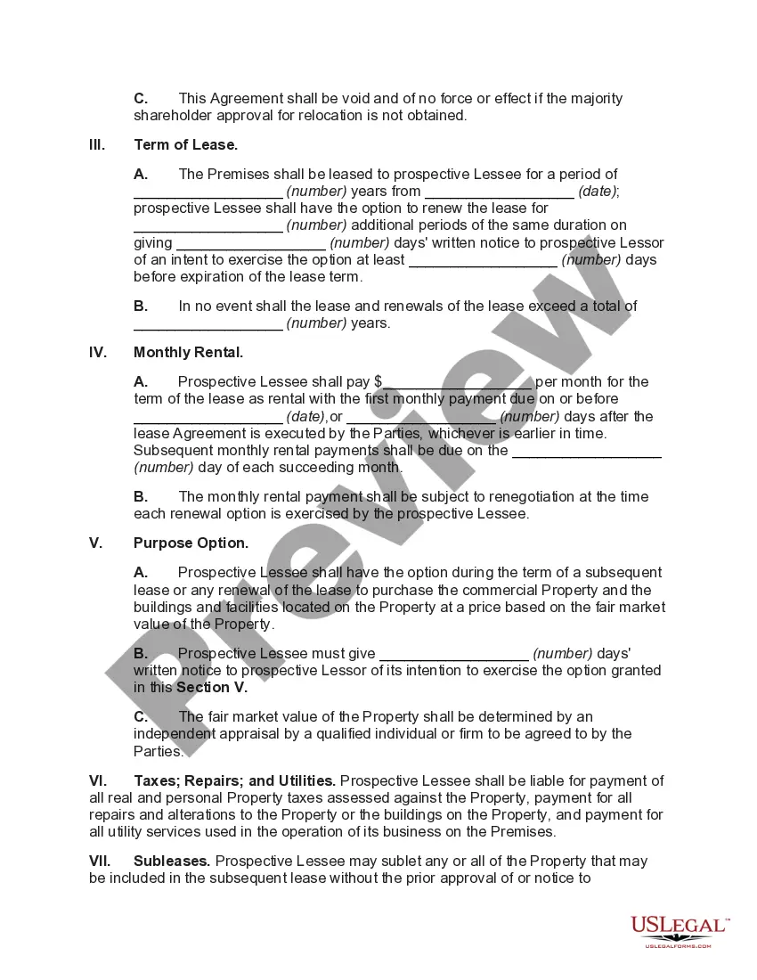 Preview Agreement for Lease of Commercial Property with Option to Purchase