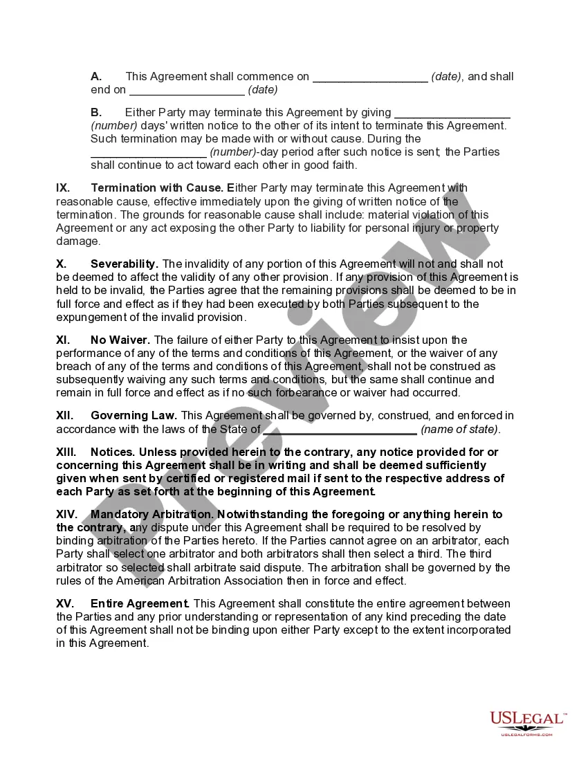 Preview Contract with Independent Contractor with Provisions for Termination With or Without Cause