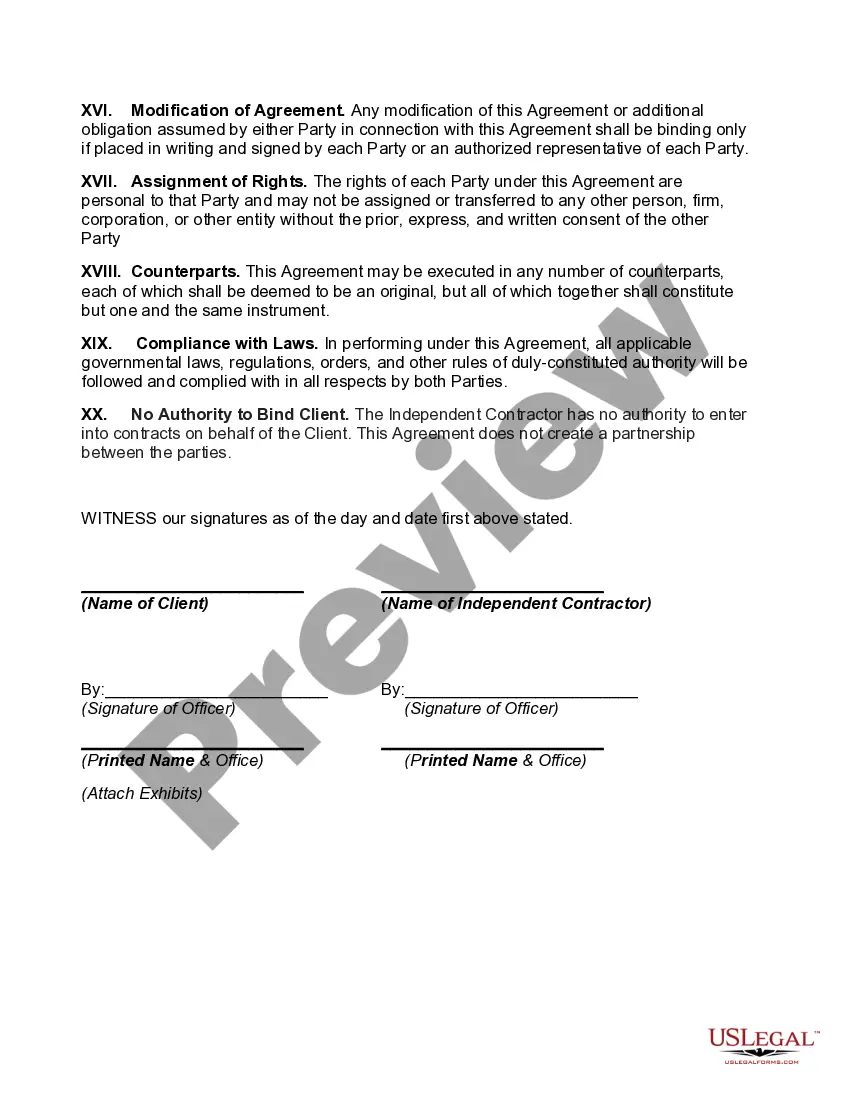 Preview Contract with Independent Contractor with Provisions for Termination With or Without Cause