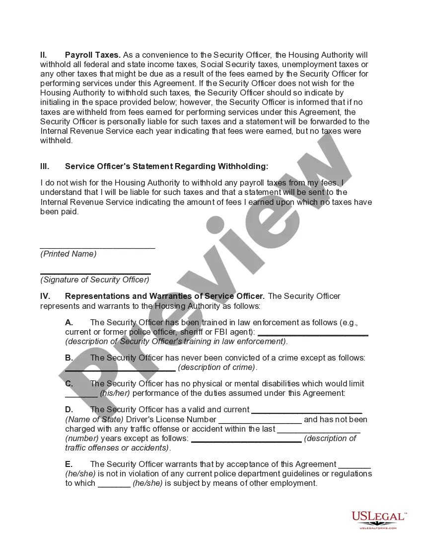 Preview Building Security Services Agreement between Housing Authority and Independent Security Officer