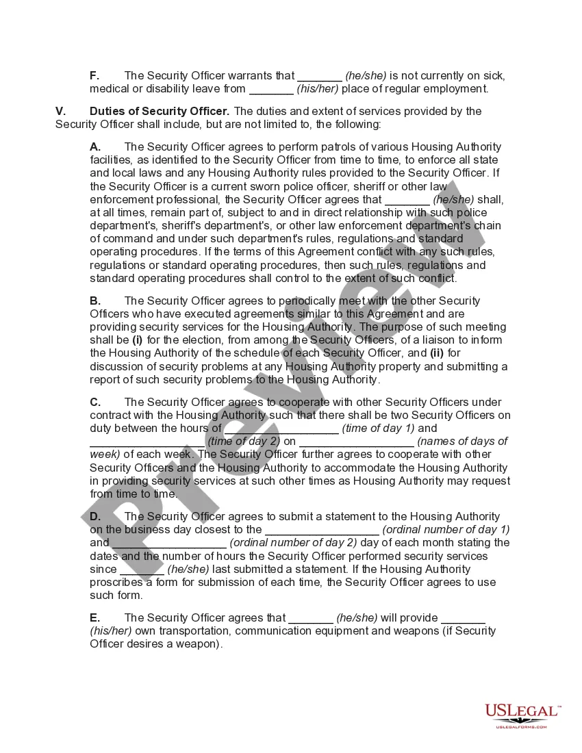 Preview Building Security Services Agreement between Housing Authority and Independent Security Officer