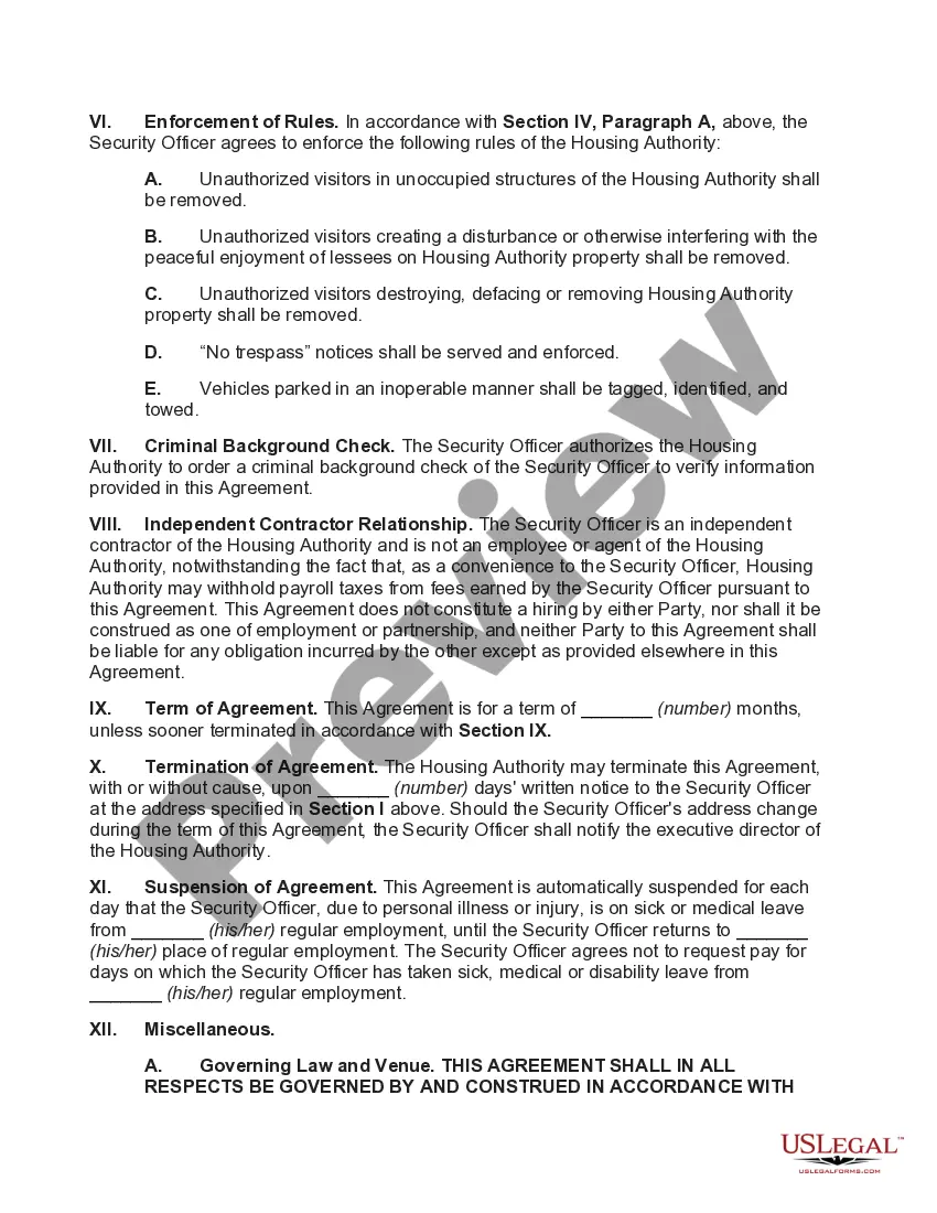 Preview Building Security Services Agreement between Housing Authority and Independent Security Officer