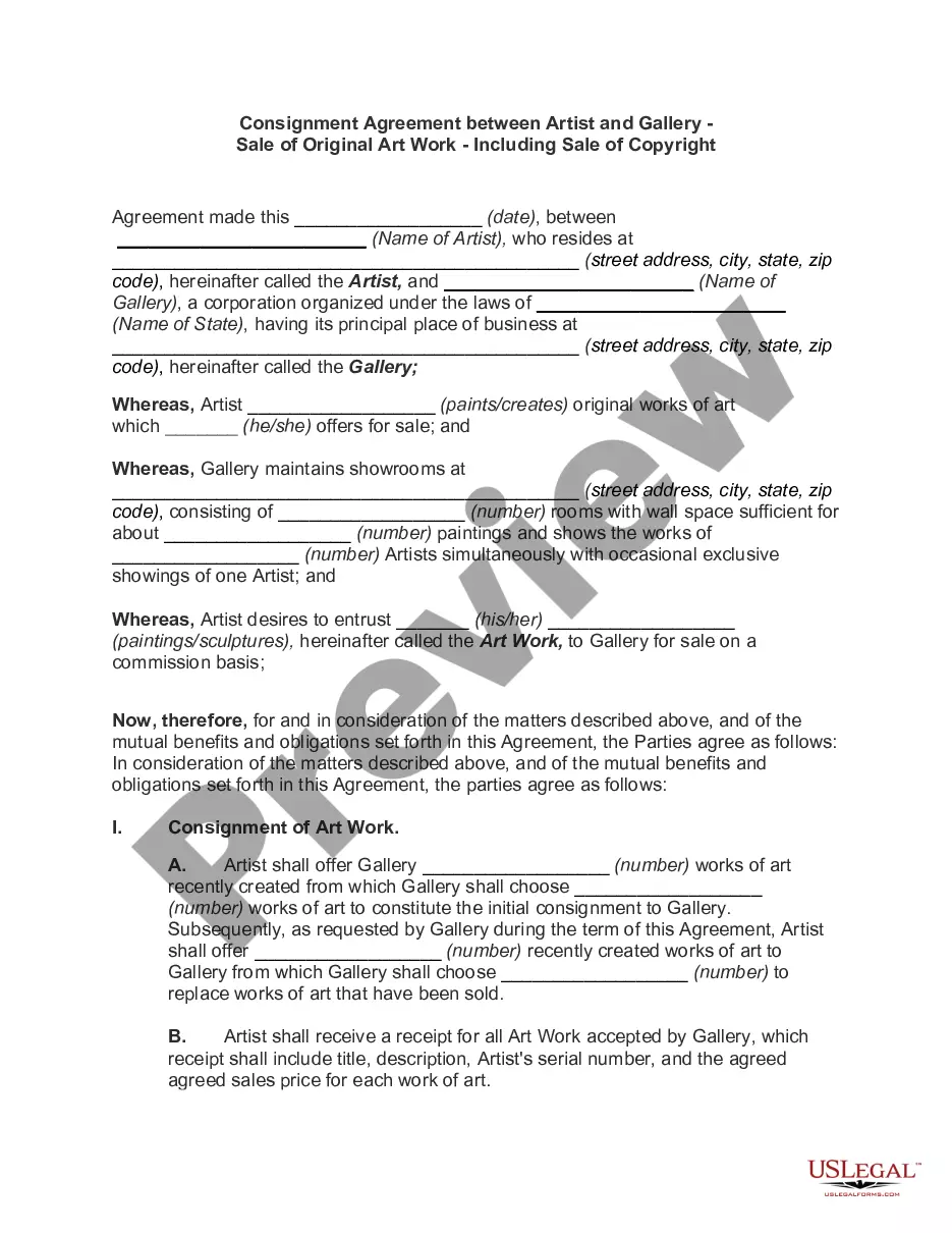 Consignment Agreement between Artist and Gallery Sale of Original Art