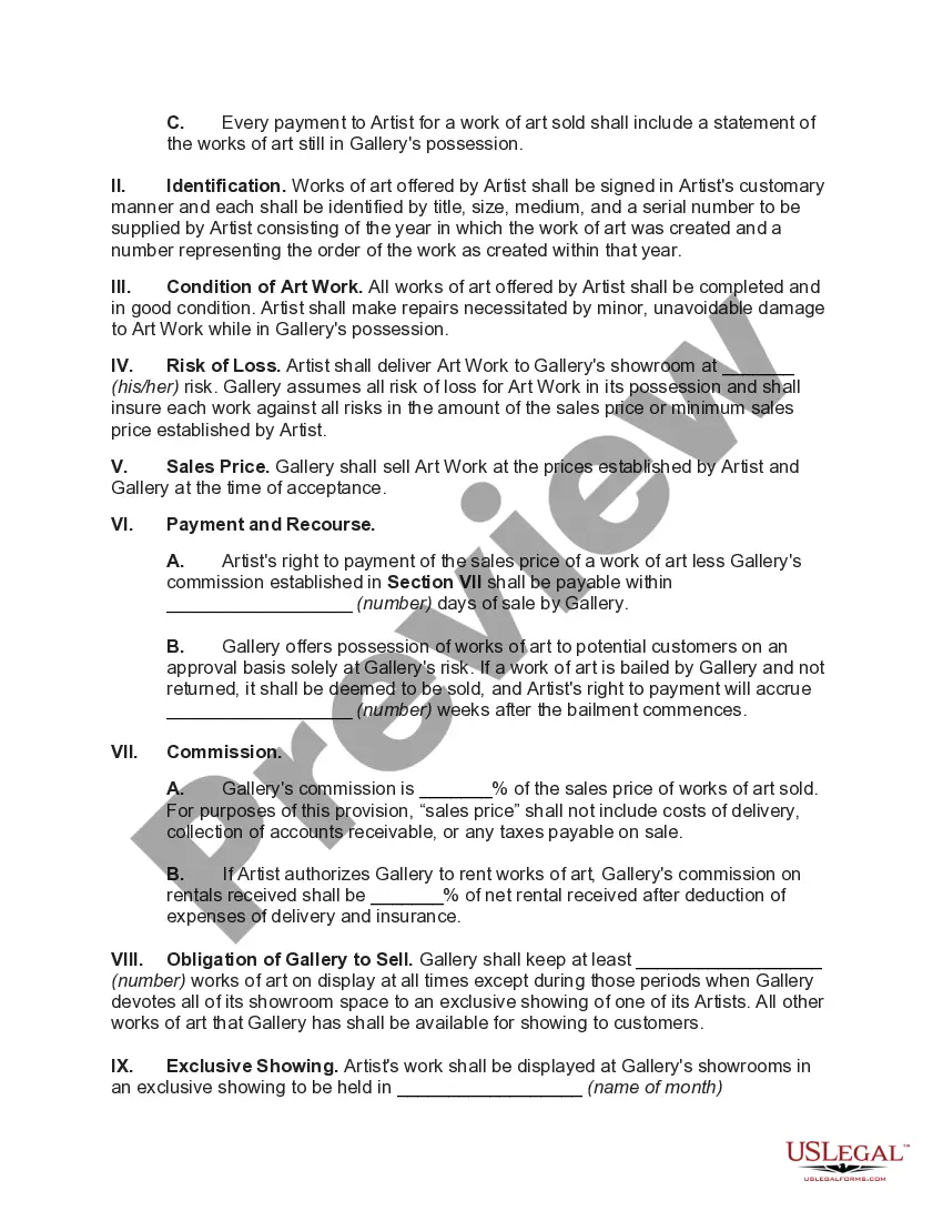 Preview Consignment Agreement between Artist and Gallery - Sale of Original Art Work - Including Sale of Copyright