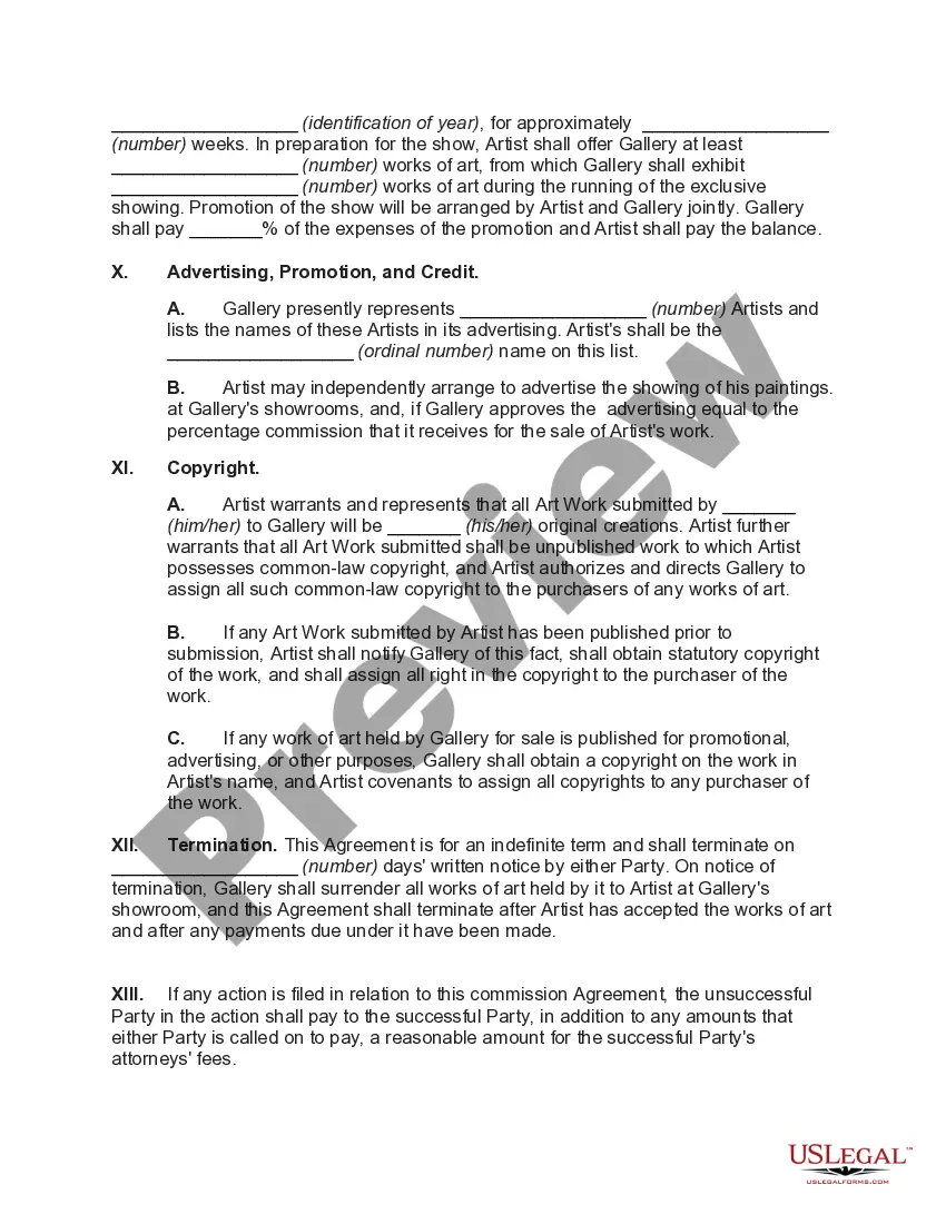 Preview Consignment Agreement between Artist and Gallery - Sale of Original Art Work - Including Sale of Copyright