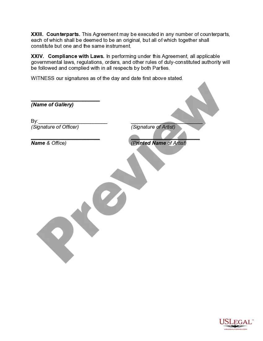 Preview Consignment Agreement between Artist and Gallery - Sale of Original Art Work - Including Sale of Copyright