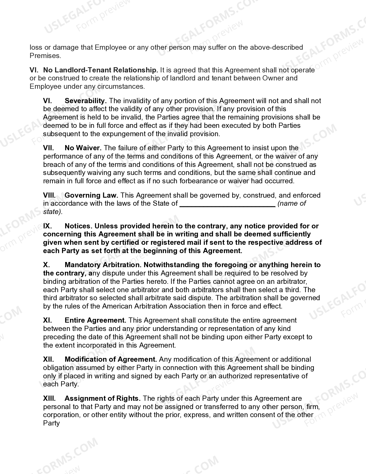 License Agreement with Regard to Occupancy by Employee of Residence