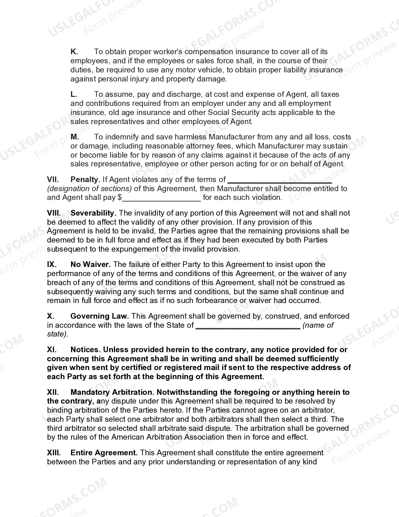 Preview Sales Agency Agreement with Exclusive Territory with Monetary Penalty for Violation