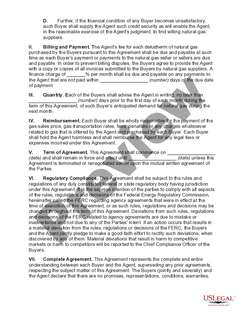 Preview Agreement between Agent and Buyers of Natural Gas