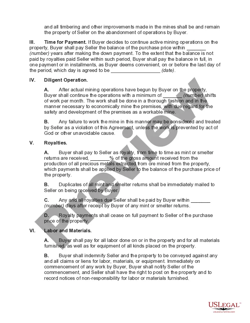 Preview Sale of Lode Mine with Royalties Applied to Purchase Price