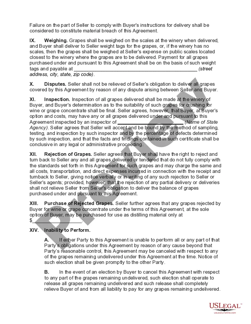 Preview Agreement for the Sale of Grapes to Vintner