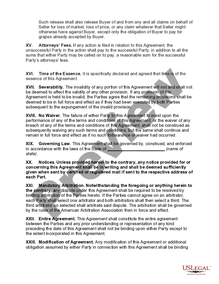 Preview Agreement for the Sale of Grapes to Vintner