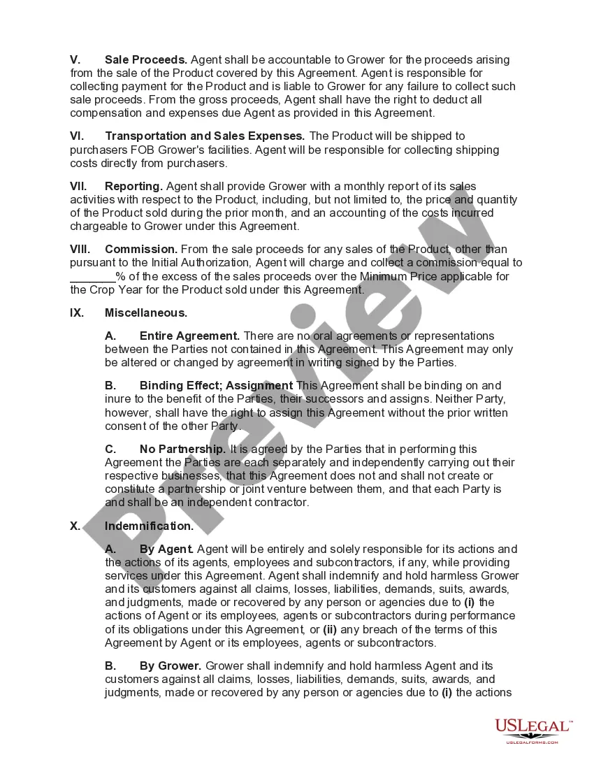 Preview Agreement between Grower and Sales Agent for Marketing and Sale of Cannabidiol Oil