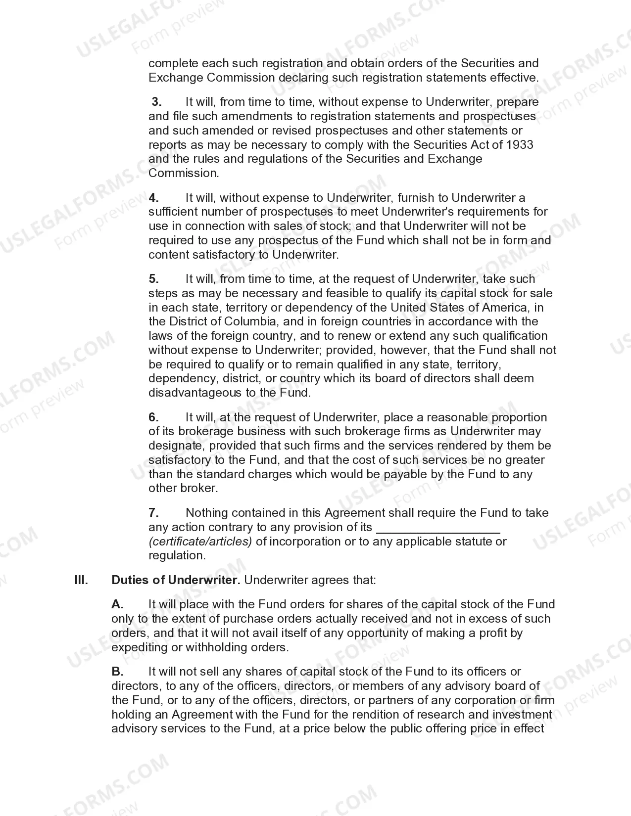 Preview Underwriting Agreement regarding Sale and Distribution of Stock of Investment Company with Open End Mangagement Company