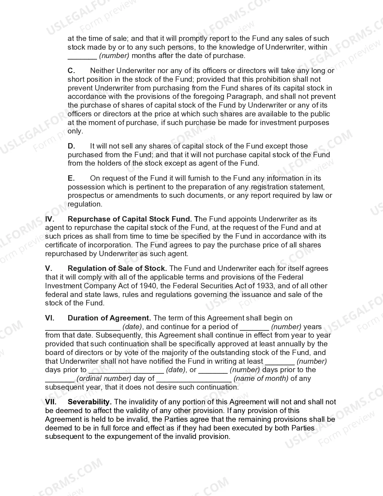 Preview Underwriting Agreement regarding Sale and Distribution of Stock of Investment Company with Open End Mangagement Company