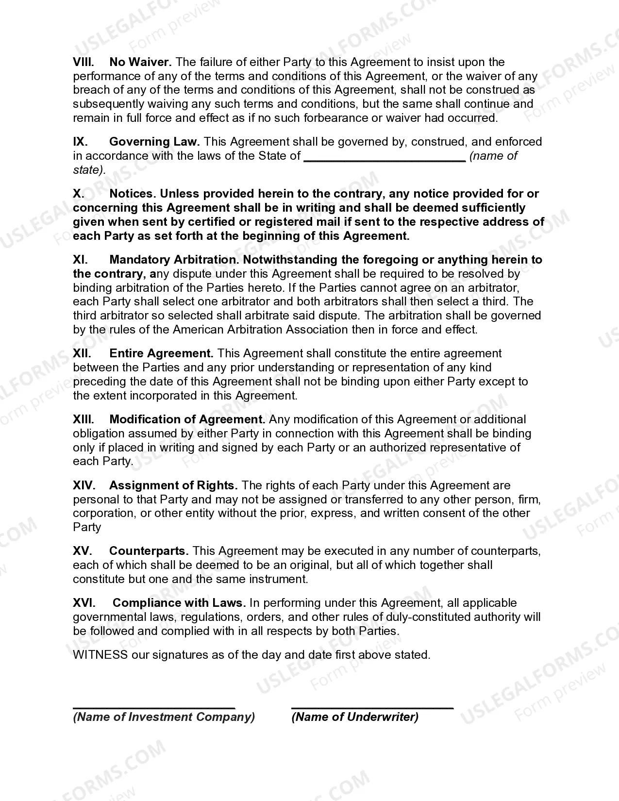 Preview Underwriting Agreement regarding Sale and Distribution of Stock of Investment Company with Open End Mangagement Company