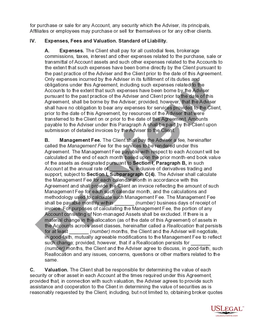 Preview Agreement for Services of Investment Adviser between Insurance Company and Investment Adviser