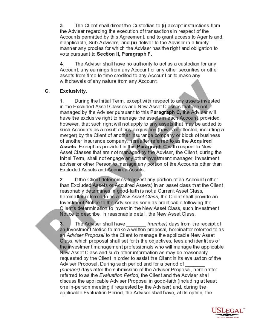 Preview Agreement for Services of Investment Adviser between Insurance Company and Investment Adviser