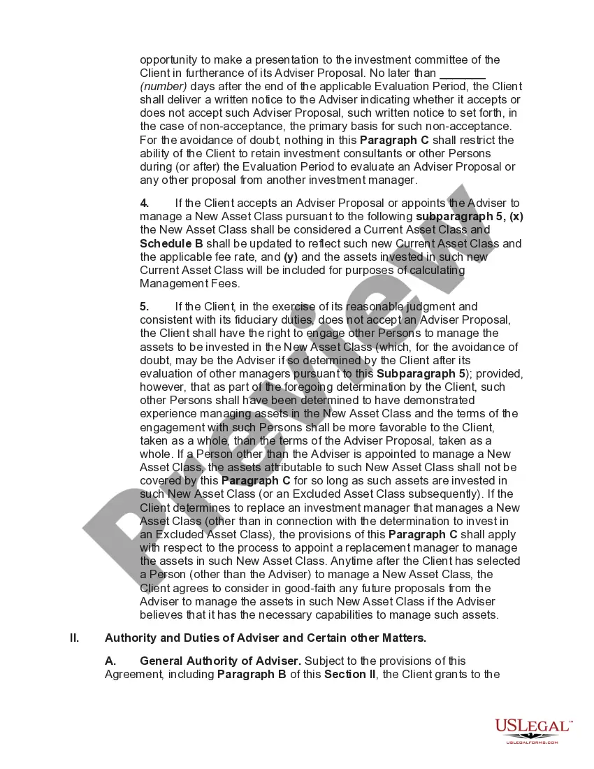 Preview Agreement for Services of Investment Adviser between Insurance Company and Investment Adviser