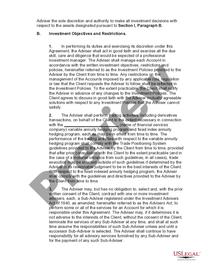 Preview Agreement for Services of Investment Adviser between Insurance Company and Investment Adviser