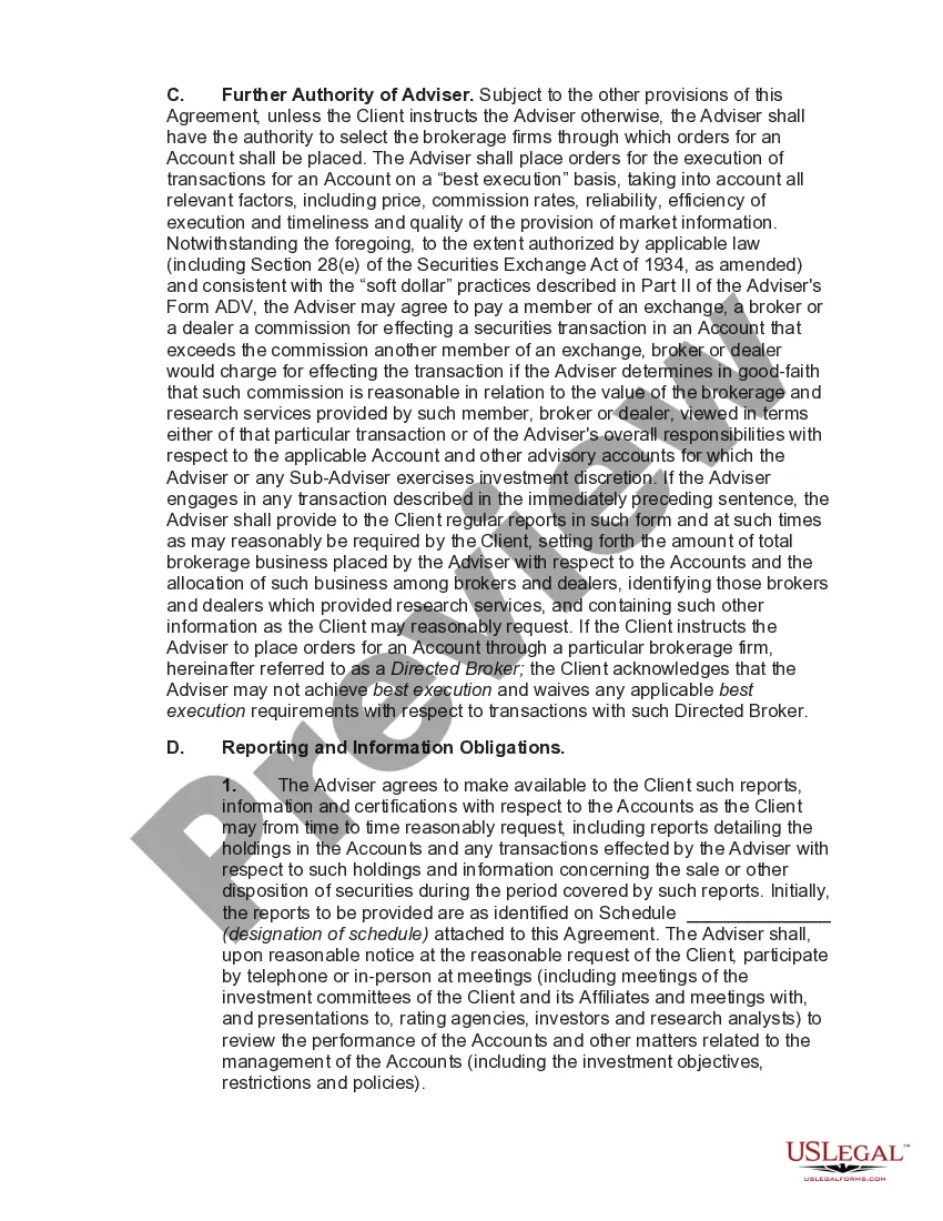 Preview Agreement for Services of Investment Adviser between Insurance Company and Investment Adviser