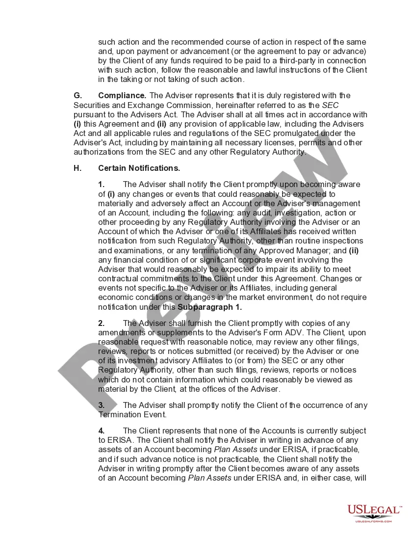 Preview Agreement for Services of Investment Adviser between Insurance Company and Investment Adviser