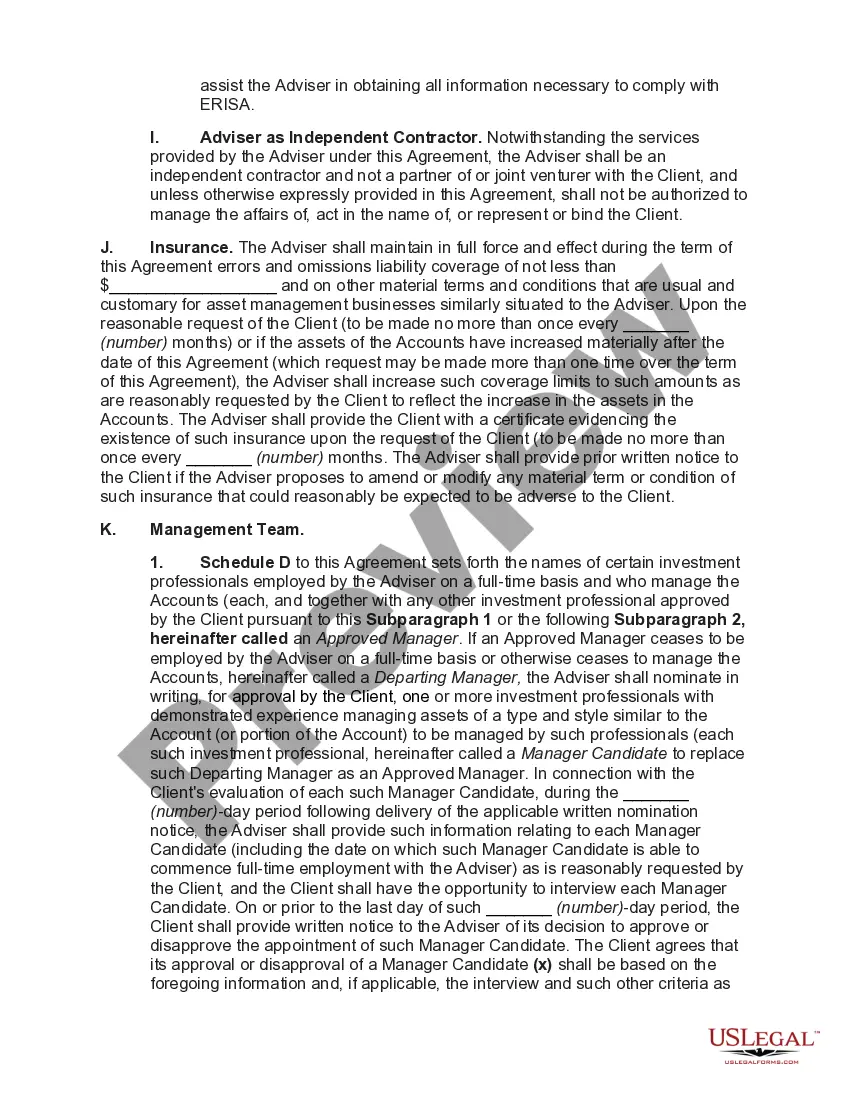 Preview Agreement for Services of Investment Adviser between Insurance Company and Investment Adviser