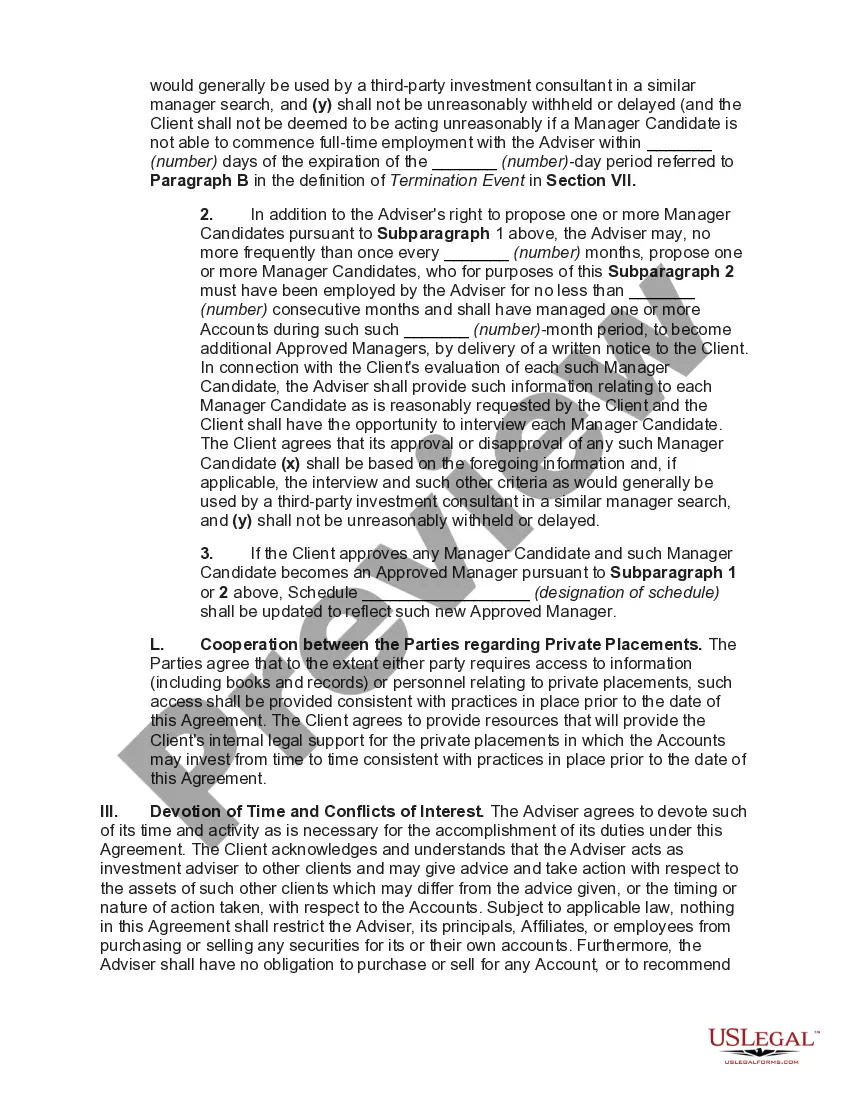 Preview Agreement for Services of Investment Adviser between Insurance Company and Investment Adviser