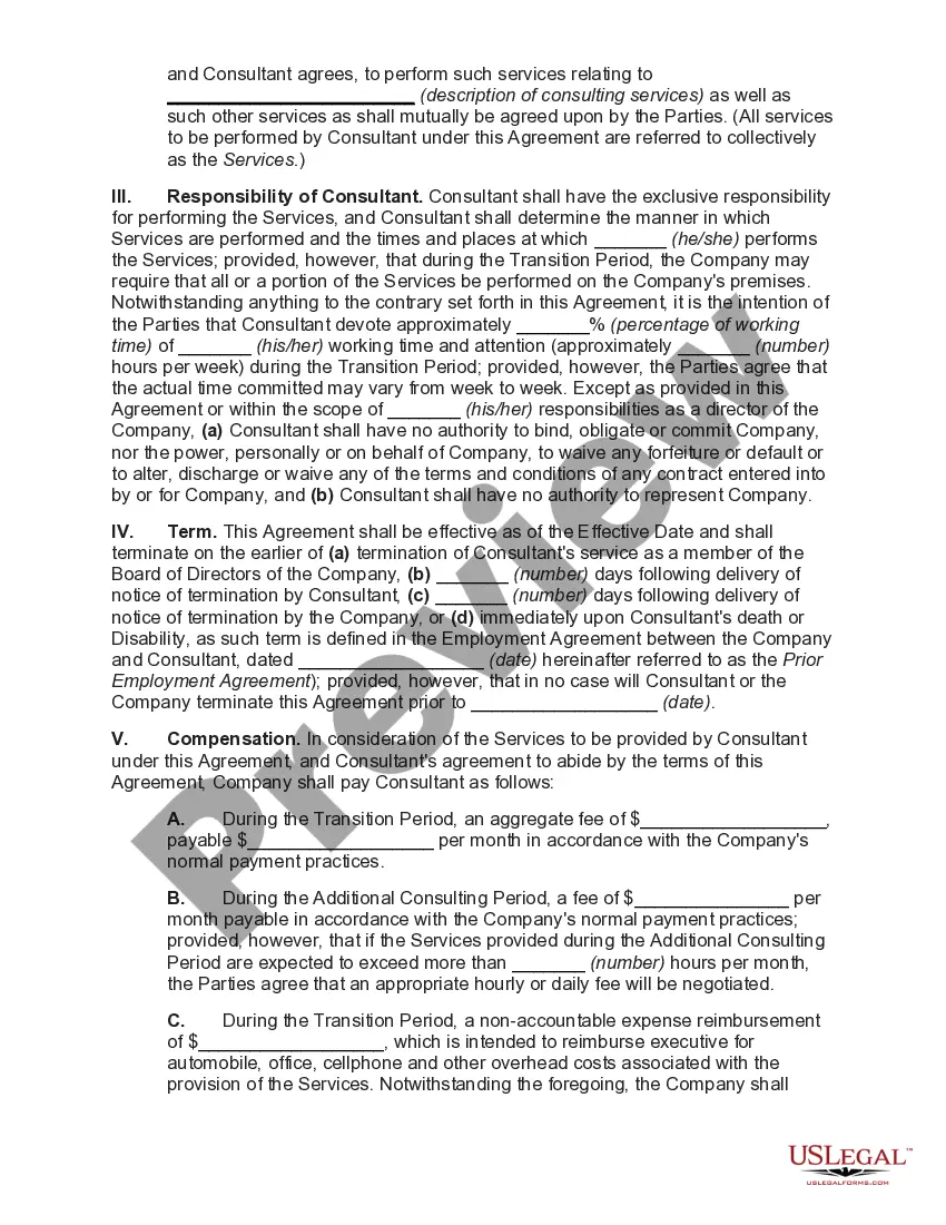 Preview Contract with Retired Chief Executive Officer of Corporation Working as a Consultant Providing Transitional Services