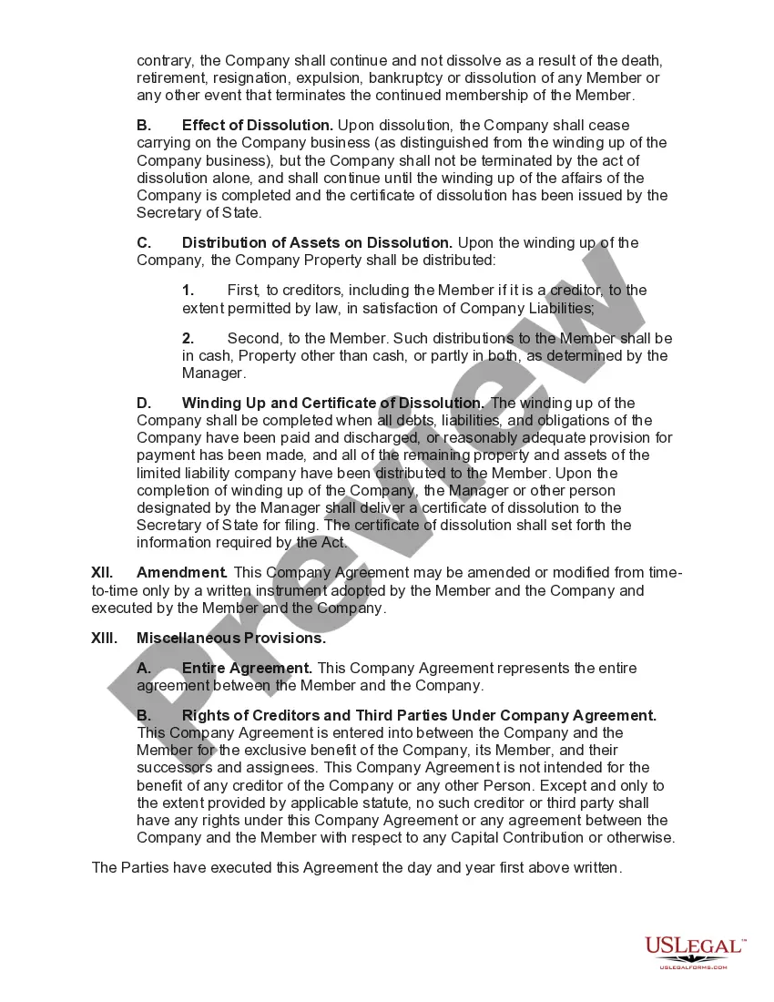 Preview Operating Agreement of a Manager Managed Limited Liability Company with a Single Member