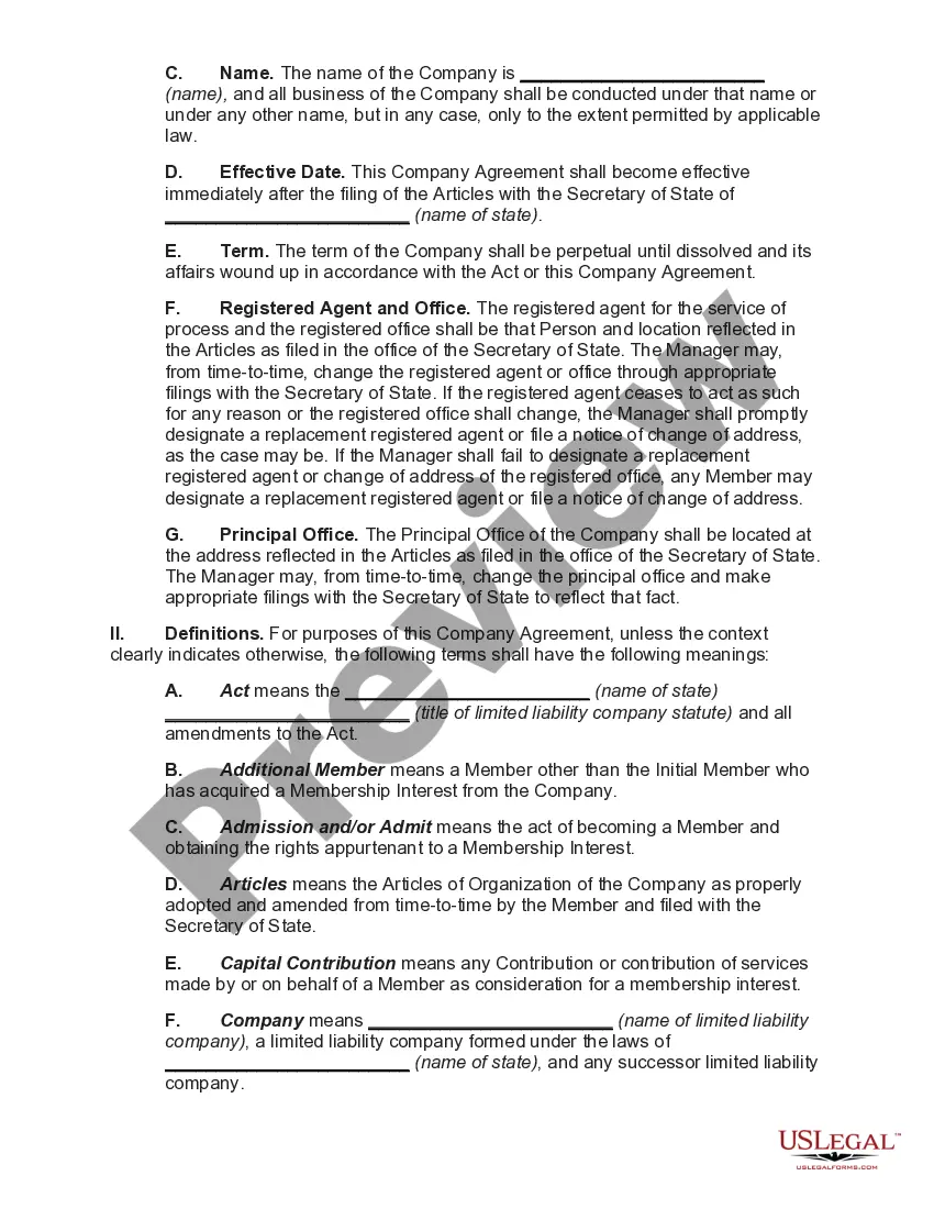 Preview Operating Agreement of a Manager Managed Limited Liability Company with a Single Member