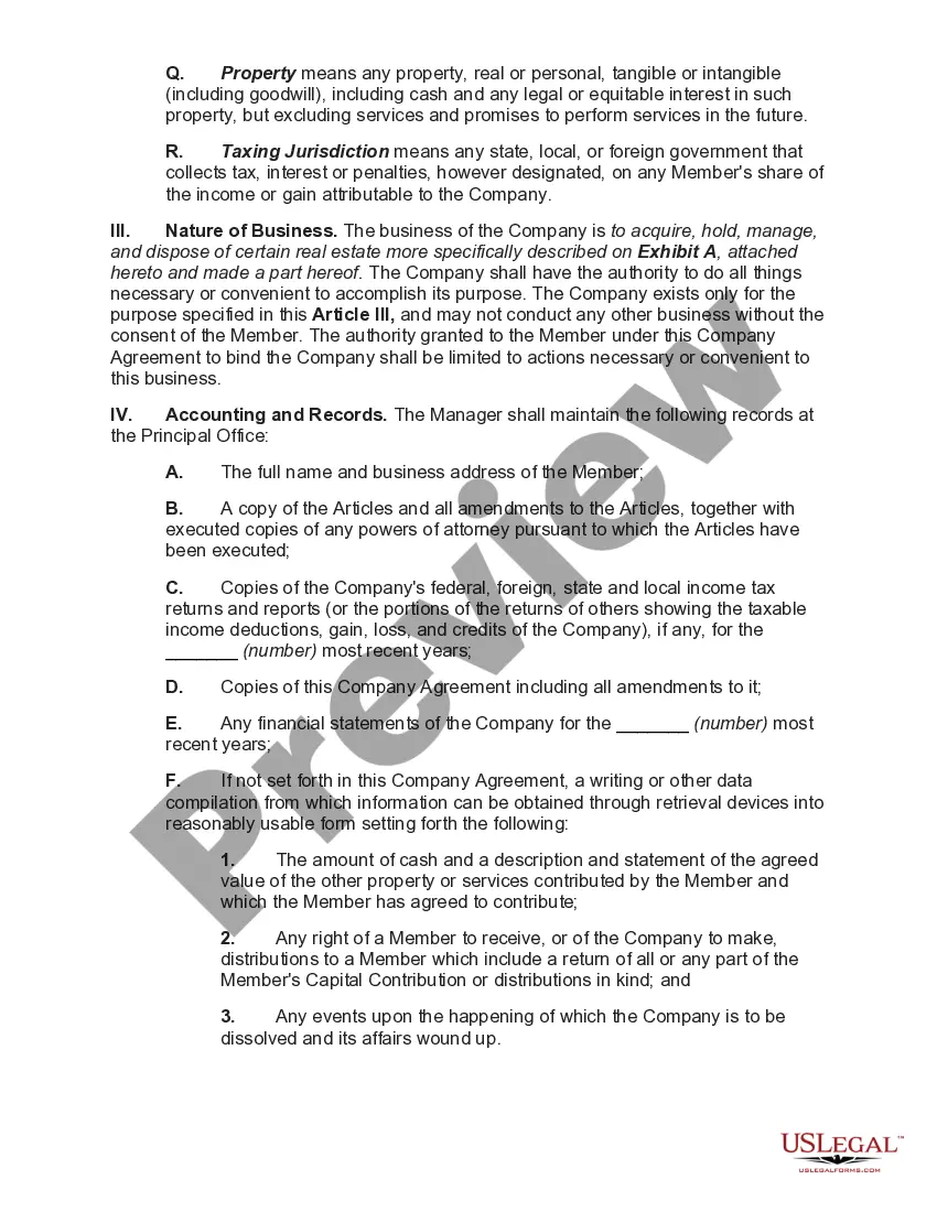 Preview Operating Agreement of a Manager Managed Limited Liability Company with a Single Member