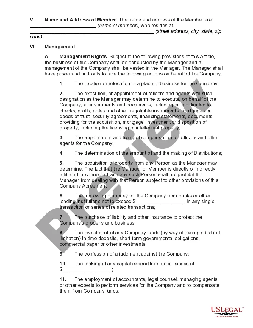 Preview Operating Agreement of a Manager Managed Limited Liability Company with a Single Member