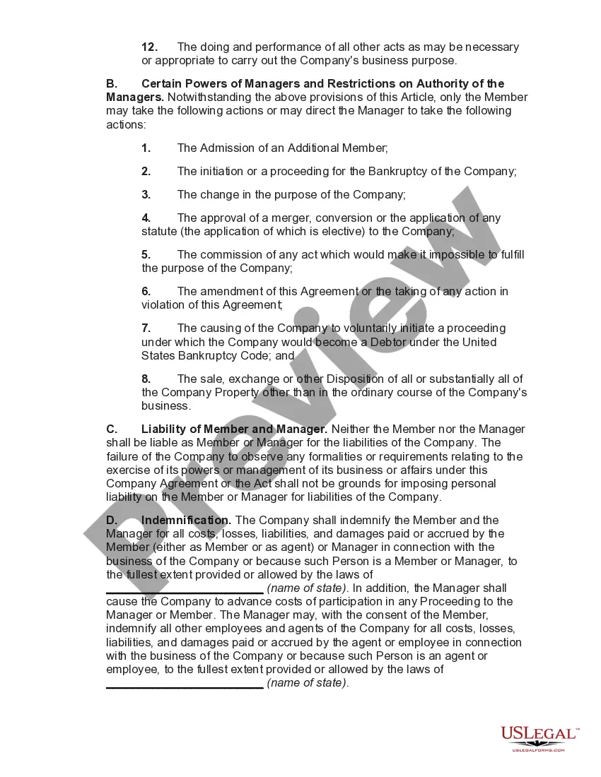 Preview Operating Agreement of a Manager Managed Limited Liability Company with a Single Member