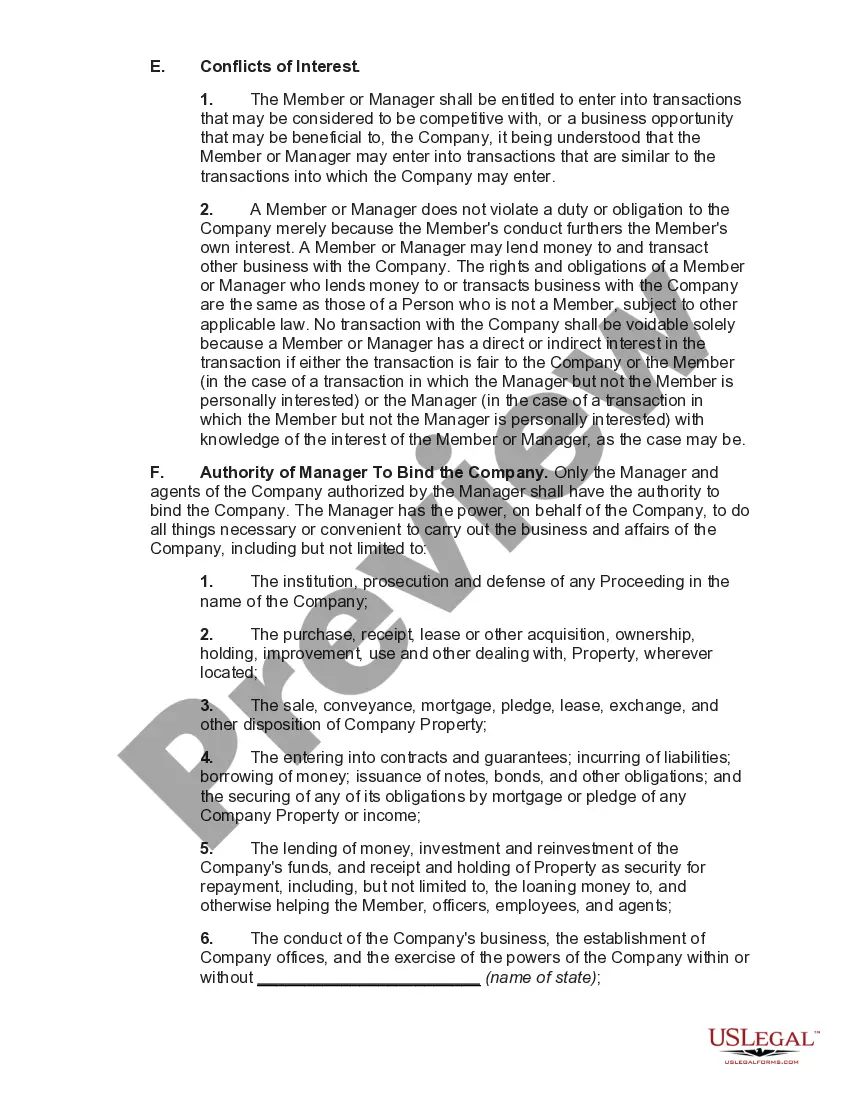 Preview Operating Agreement of a Manager Managed Limited Liability Company with a Single Member