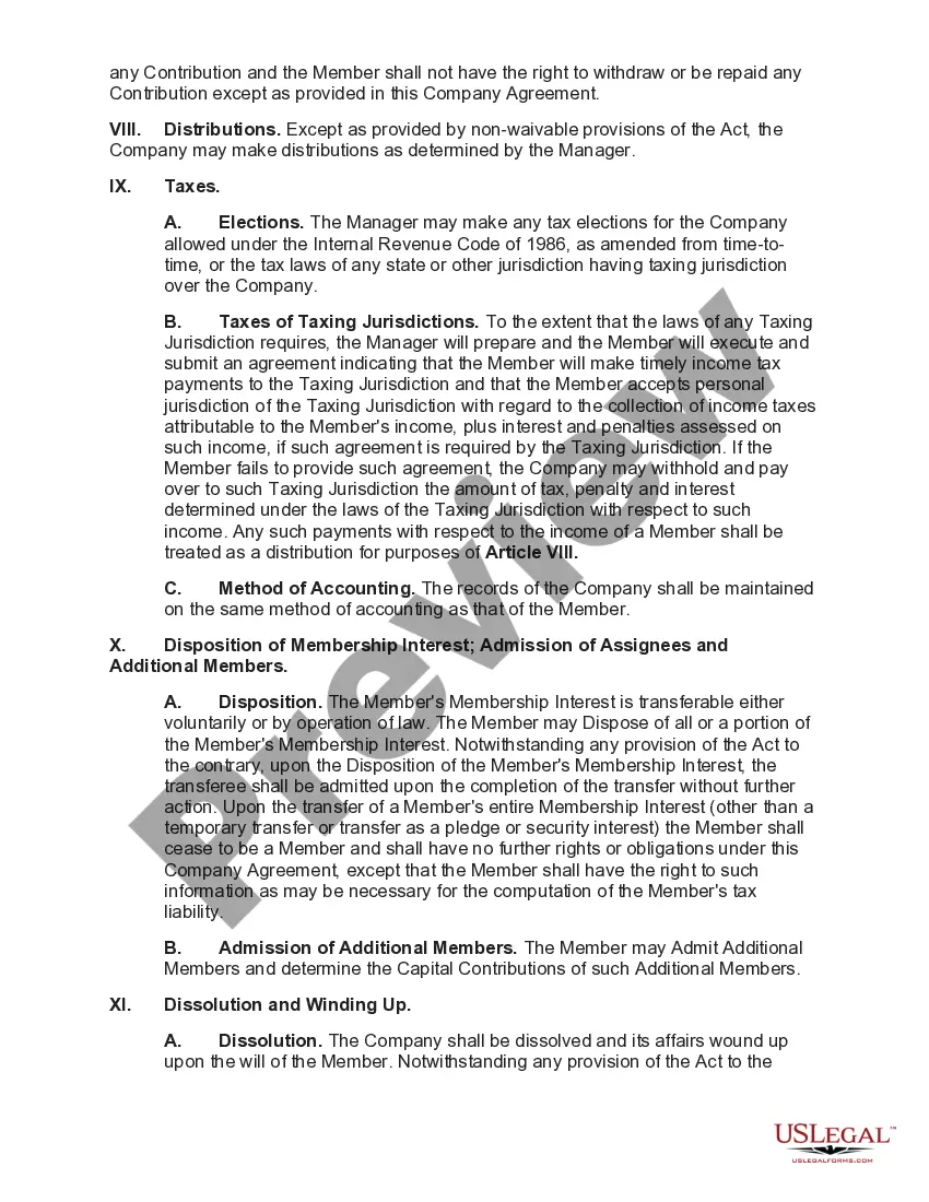 Preview Operating Agreement of a Manager Managed Limited Liability Company with a Single Member