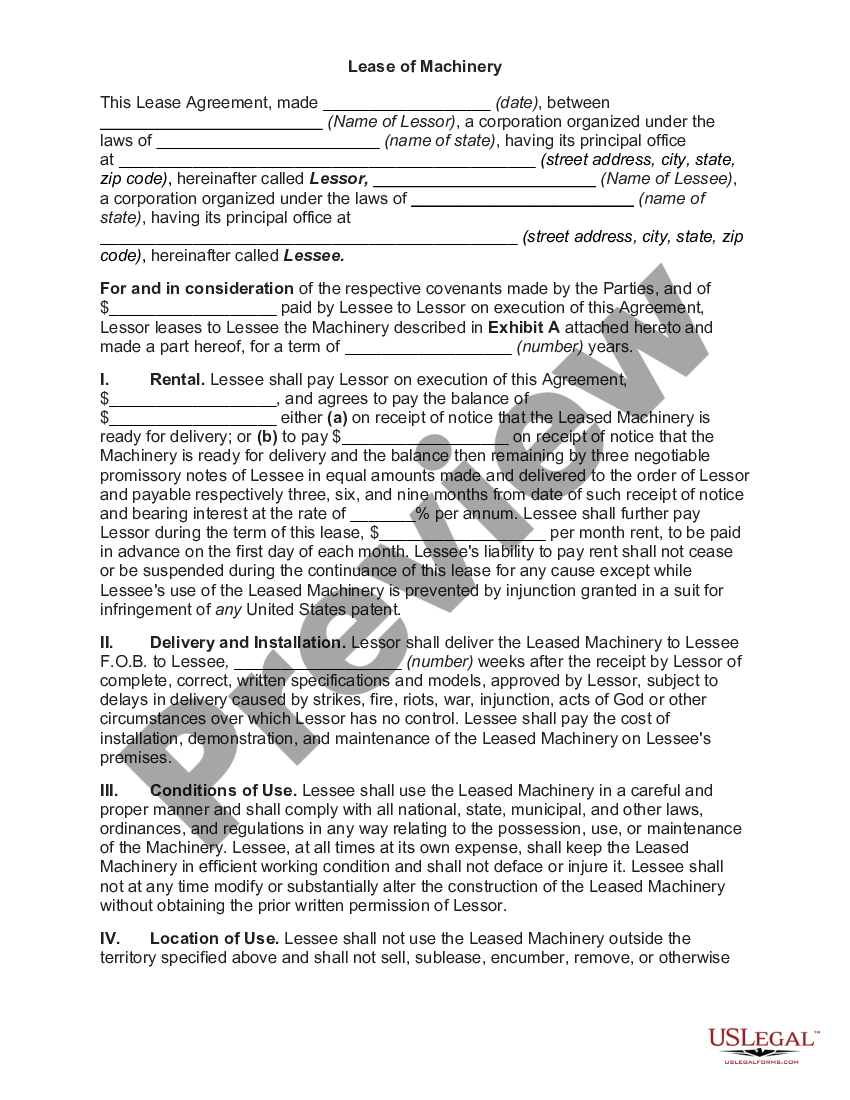 Lease of Machinery | US Legal Forms